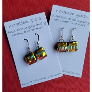 Two Pair Fused Dichroic Glass Dangle Earrings with Sterling Hooks Handmade